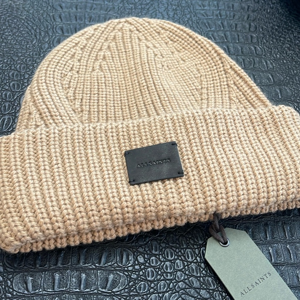 ALL SAINTS Tan Travelling Rib Beanie Hat